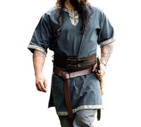 Leonardo Carbone® Wikinger Tunika Njal - Mittelalter Kleidung Herren, Mittelalter Hemd, Freizeithemden Kurzarm, Karneval Kostüm Herren, Wikinger Tunika, LARP-Kleidung - 100% Baumwolle Blau XXL