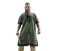Leonardo Carbone® Wikinger Tunika Rollo - Mittelalter Hemd Herren, Freizeithemden Kurzarm, Karneval Kostüm Herren, Wikinger Tunika, LARP-Kleidung - 100% Baumwolle mit Leder Applikationen Grün XXXL
