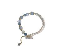 LerijN Edelstein Armband,Natürliche Perlblaue Kristallperlen-Armbänder, Weiße Blume, Runde Diamant-Anhänger-Armreifen, Elastisches Kristall-Armband, Reiki-Kristall-Schmuck Für Männer Und Frauen