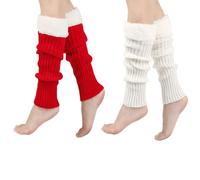 LERTREEUK 2 Paar Frauen Kinting Beinwärmer 80er Jahre Winter Kniestrümpfe Stiefel Lange Röhre Gerippte Gestrickte Bein Ärmel (Rot+Weiß, L)