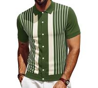 Les umes Herren Polohemd Vintage Streifen Knopfleiste Strick Cardigan Kurzarm Baumwolle Sommer Golf Casual Armee Grün Weiß Streifen XL