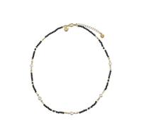 Leslii Damen-Kette Kristall Collier Quader Edelstahl-Kette kurze Halskette schwarze Glassteine weiße Perlen Gold