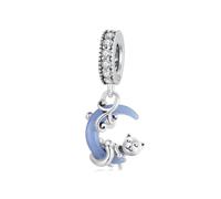 Leuchtender Mond-Katze-Anhänger-Charm aus 925er-Sterlingsilber, passend für Pandora-Armband-Halskette, SCC2747