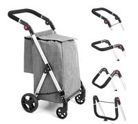 LEUYA ABC Einkaufstrolley, 46L Trolly Einkaufswagen Klappbar, 4 Rädern Aluminium Leichtgewicht Einkaufstrolley, mit Isolierter Kühltasche, Stabil und Leicht zu Verstauen Einkaufswagen (grau)