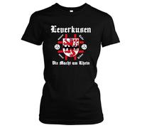 Leverkusen Macht am Rhein Damen T-Shirt | Leverkusen Trikot Fanartikel Fussball Stadt Skyline Leverkusen Meister T-Shirt Girlie | Schwarz (XL)