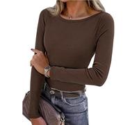 Leversic Basic Langarmshirt Damen Rippshirt T-Shirt Longsleeve Oberteile in schmaler Passform für Frauen, 179-Braun, L