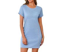 Leversic Nachthemd Damen Kurzarm Schlafshirt Sommer Nightgown Nachtwäsche Kurz Nightdress Kurze Ärmel Sleepshirt Damen Baumwolle, 1171-Blau, S