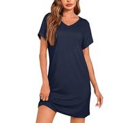 Leversic Nachthemd Damen Kurzarm Sommer lockere Passform Schlafshirt Kurz Nightgown Nachtwäsche Nightdress Sleepshirt Damen mit V-Ausschnitt, 1528-Blau, XL