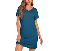 Leversic Nachthemd Damen Kurzarm Sommer lockere Passform Schlafshirt Kurz Nightgown Nachtwäsche Nightdress Sleepshirt Damen mit V-Ausschnitt, 1528-Lake Blue, XL