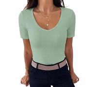 Leversic Oberteil Damen Damen Oberteile Tshirt Sommer Anmut V-Ausschnitt Gerippt Oberteile Einfarbig Basic T Shirts Taillenbetonend Casual Tops