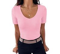 Leversic Sommer Outfits Damen Summer Tops Tshirt Damen Sommer Anmut V-Ausschnitt Gerippt Oberteile Einfarbig Basic T Shirts Taillenbetonend Casual Tops