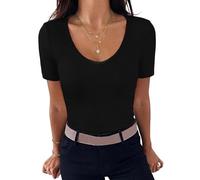 Leversic T-Shirts Für Damen Bluse Damen Tshirt Sommer Anmut V-Ausschnitt Gerippt Oberteile Einfarbig Basic T Shirts Taillenbetonend Casual Tops