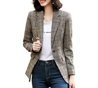 Leyoutx Damen-Blazer, kariert, Klassische Reversknöpfe, Lange Ärmel, schmale Karo-Jacke, Oberbekleidung, Hellgrau, L
