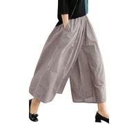Leyoutx Damen-Culotte-Hose aus Baumwolle und Leinen, weites Bein, elastische Taille, kariert, Vichy-Muster, Capri-Palazzo-Hose, M