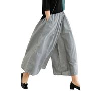 Leyoutx Damen-Culotte-Hose aus Baumwolle und Leinen, weites Bein, elastische Taille, kariert, Vichy-Muster, Capri-Palazzo-Hose, schwarzer Gingham, Groß