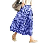 Leyoutx Damen-Culotte-Hose aus Baumwolle und Leinen, weites Bein, elastische Taille, kariert, Vichy-Muster, Capri-Palazzo-Hose, Helles Blau, X-Groß