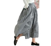Leyoutx Damen-Culotte-Hose aus Baumwollleinen, weites Bein, elastische Taille, kariert, Vichy-Muster, Capri-Palazzo-Hose, Schwarz, M