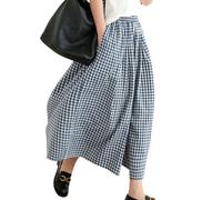 Leyoutx Damen-Culotte-Hose aus Baumwollleinen, weites Bein, elastische Taille, kariert, Vichy-Muster, Capri-Palazzo-Hose, Blau, X-Groß