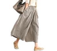 Leyoutx Damen-Culotte-Hose aus Baumwollleinen, weites Bein, elastische Taille, kariert, Vichy-Muster, Capri-Palazzo-Hose, kaffeebraun, X-Klein