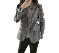Leyoutx Damenblazer mit gekerbtem Revers, Wolle, kariert, schmale Langarmjacke mit Ellenbogen-Patch, GRAU, L
