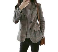 Leyoutx Damenblazer mit gekerbtem Revers, Wolle, kariert, schmale Langarmjacke mit Ellenbogen-Patch, Khaki, XL