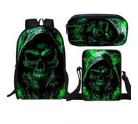 lFTEGUFKXS Skelett Großkapazität Buchtasche Schrägtasche Stifttasche Set Halloween gotische Studenten Kinderrucksack 3 Stück Set (schoolbag4,44x28x13cm)