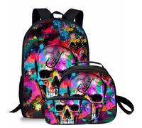 lFTEGUFKXS Totenkopf Schädel Rucksack Sets Grundschule Buchtasche DREI-Stück-Satz Gotische Halloween Leicht Groß-Kapazität Schultern-Tasche Mahlzeit Tasche Bleistift Box (Schoolbag10,44x13x28cm)