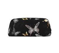 LHBWCVN Federmäppchen, goldfarben, weiße Schmetterlinge, schwarz, großes Fassungsvermögen, ästhetisches Stifteetui, Leder, Make-up-Tasche für Damen, Herren, Reise-Kulturbeutel, Reißverschluss