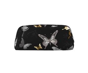 LHBWCVN Federmäppchen, goldfarben, weiße Schmetterlinge, schwarz, großes Fassungsvermögen, ästhetisches Stifteetui, Leder, Make-up-Tasche für Damen, Herren, Reise-Kulturbeutel, Reißverschluss