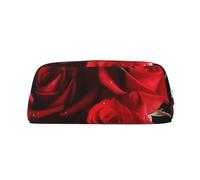 LHBWCVN Federmäppchen mit roten Rosen, großes Fassungsvermögen, ästhetisches Stifteetui, Leder, Make-up-Tasche für Damen und Herren, Reise-Kulturbeutel, Reißverschluss, Kosmetiktasche, weit geöffnetes