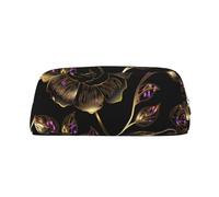 LHBWCVN Federmäppchen mit schwarzen und goldenen Blumen, großes Fassungsvermögen, ästhetisches Stifteetui, Leder-Make-up-Tasche für Damen und Herren, Reise-Kulturbeutel, Reißverschluss, Kosmetiktasche