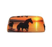 LHBWCVN Federmäppchen, Motiv: Sonnenuntergänge, Pferde, großes Fassungsvermögen, ästhetische Stifttasche, Leder, Make-up-Tasche für Damen und Herren, Reise-Kulturbeutel, Reißverschluss, Kosmetiktasche