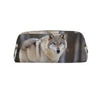 LHBWCVN Federmäppchen, Motiv: Wolf im Schnee, großes Fassungsvermögen, ästhetisches Stifteetui, Make-up-Tasche aus Leder, für Damen und Herren, Reise-Kulturbeutel, Kosmetiktasche, weit geöffnetes