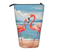 LHBWCVN Flamingo Strand-Kosmetiktasche, Stehendes Federmäppchen, Teleskop-Bleistifttasche, tragbarer Stifthalter, niedliches Stand-up-Bleistiftetui für Damen und Herren, Reise-Münztasche, Geldbörse