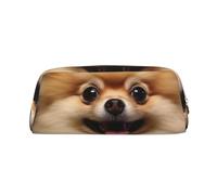 LHBWCVN Happy kurzhaariges Federmäppchen mit Zwergspitz, großes Fassungsvermögen, ästhetische Stifttasche, Leder, Make-up-Tasche für Damen und Herren, Reise-Kulturbeutel, Reißverschluss