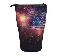 LHBWCVN Kosmetiktasche mit amerikanischer Flagge, Motiv: Feuerwerk, 4. Juli, Stehendes Federmäppchen, Teleskop-Federtasche, tragbarer Stifthalter, niedliches Stand-up-Bleistiftetui für Damen und