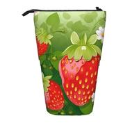 LHBWCVN Kosmetiktasche mit Erdbeere und Blume, Stehendes Federmäppchen, Teleskop-Bleistifttasche, tragbarer Stifthalter, niedliches Stand-up-Bleistiftetui für Damen und Herren, Reise-Münztasche