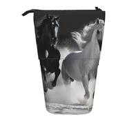 LHBWCVN Kosmetiktasche mit Pferden, stehend, Teleskop-Federtasche, tragbarer Stifthalter, niedlicher Stand-up-Bleistiftbeutel für Damen und Herren, Reise-Münztasche, Geldbörse, Schwarz und Weiß