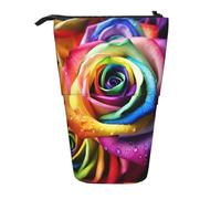 LHBWCVN Kosmetiktasche mit Regenbogen-Rose, Stehendes Federmäppchen, Teleskop-Bleistifttasche, tragbarer Stifthalter, niedliches Stand-up-Bleistiftetui für Damen und Herren, Reise-Münztasche