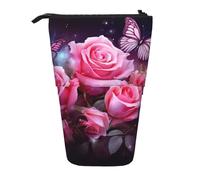 LHBWCVN Kosmetiktasche mit Rosen- und Schmetterlings-Motiv, Stehendes Federmäppchen, Teleskop-Bleistifttasche, tragbarer Stifthalter, niedliches Stand-up-Bleistiftetui für Damen und Herren