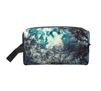 LHBWCVN Reise-Kulturbeutel für Damen und Herren, Leder, Make-up-Tasche, groß, tragbar, Reise-Organizer, blauer Mond, Kosmetiktasche mit Aufhängehaken, Reise-Badezimmertasche, Reißverschluss, Weiß,