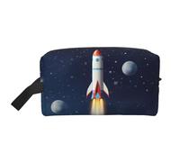 LHBWCVN Reise-Kulturbeutel für Damen und Herren, Leder, Make-up-Tasche, groß, tragbar, Reise-Organizer, Rakete im Weltraum, Kosmetiktasche mit Aufhängehaken, Reise-Badezimmertasche, Reißverschluss,