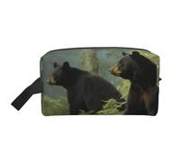 LHBWCVN Reise-Kulturbeutel für Damen und Herren, Leder, Make-up-Tasche, groß, tragbar, Reise-Organizer, schwarze Bären, Kosmetiktasche mit Aufhängehaken, Reise-Badezimmertasche, Reißverschluss, Weiß,