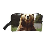 LHBWCVN Reise-Kulturbeutel für Damen und Herren, Leder, Make-up-Tasche, groß, tragbar, Reise-Organizer, Hi-Bär, sitzen auf dem Rasen, Kosmetiktasche mit Haken zum Aufhängen, Reise-Badezimmertasche,