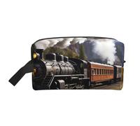 LHBWCVN Reise-Kulturbeutel für Damen und Herren, Leder, Make-up-Tasche, groß, tragbar, Reise-Organizer, Dampflokomotive, Zug, Kosmetiktasche mit Aufhängehaken, Reise-Badezimmertasche, Reißverschluss,