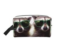 LHBWCVN Reise-Kulturbeutel für Damen und Herren, Leder, Make-up-Tasche, groß, tragbar, Reise-Organizer, lustig, Waschbär, Grün, Sonnenbrille, Kosmetiktasche mit Haken zum Aufhängen,