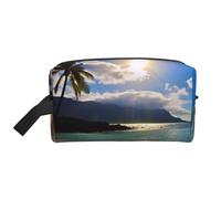 LHBWCVN Reise-Kulturbeutel für Damen und Herren, Leder, Make-up-Tasche, groß, tragbar, Reise-Organizer, Hawaii, Strand, Kosmetiktasche mit Aufhängehaken, Reise-Badezimmertasche, Reißverschluss, Weiß,