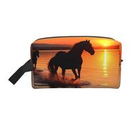 LHBWCVN Reise-Kulturbeutel für Damen und Herren, Leder, Make-up-Tasche, groß, tragbar, Reise-Organizer, Sonnenuntergänge, See, Pferde, Kosmetiktasche mit Aufhängehaken, Reise-Badezimmertasche,