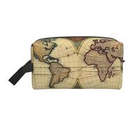 LHBWCVN Reise-Kulturbeutel für Damen und Herren, Leder, Make-up-Tasche, groß, tragbar, Reise-Organizer, Weltkarte, Retro-Kosmetiktasche mit Aufhängehaken, Reise-Badezimmertasche, Reißverschluss, Weiß,