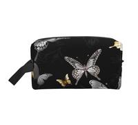 LHBWCVN Reise-Kulturbeutel für Damen und Herren, Leder, Make-up-Tasche, groß, tragbar, Reise-Organizer, goldfarbene weiße Schmetterlinge, schwarze Kosmetiktasche mit Aufhängehaken,